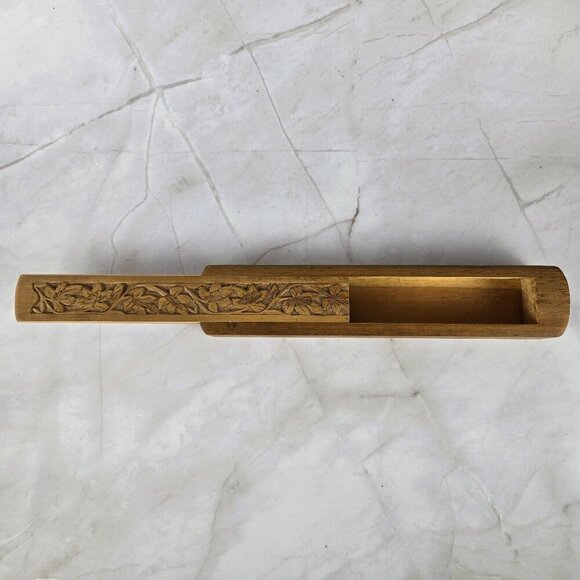 Hand Carved Wooden Incense Box with Sliding Lid Trinkets Storage Decoration - Picture 5 of 9